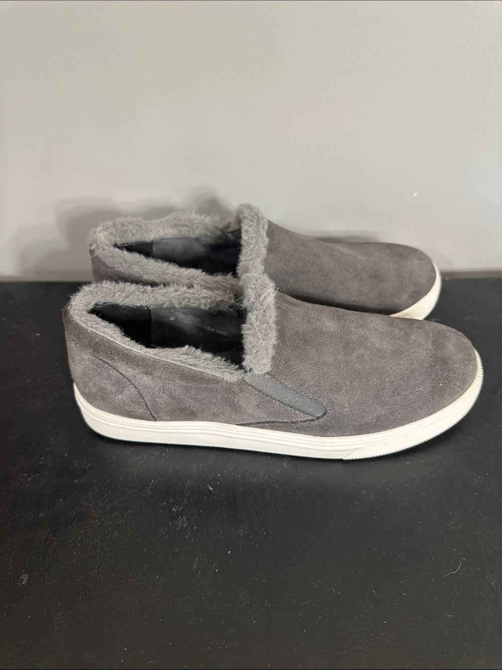 Blondo Gray Suede Slip-On Sneakers with Faux Fur Trim